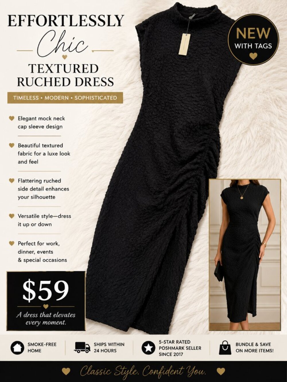Anthropologie Black Textured Ruched Midi Dress Size L NWT Statement Dress